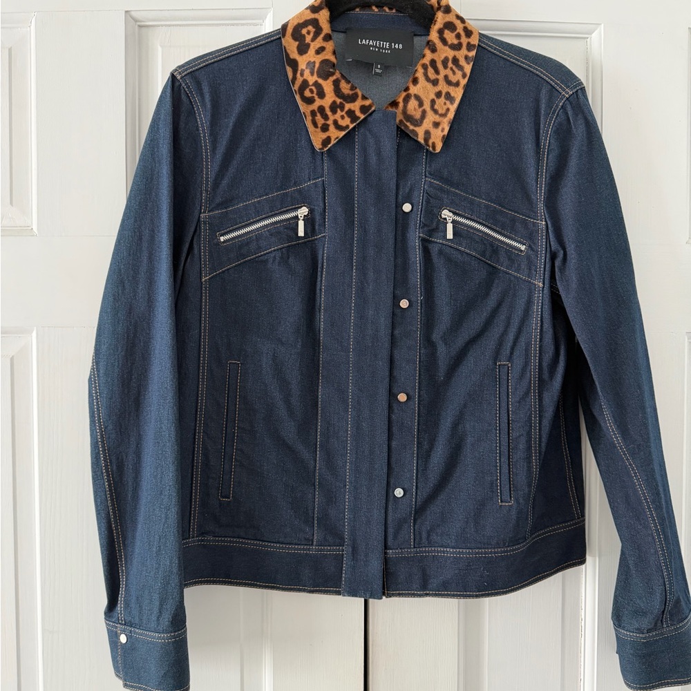 Lafayette 148 New York Denim Jacket with Leopard Print Collar
